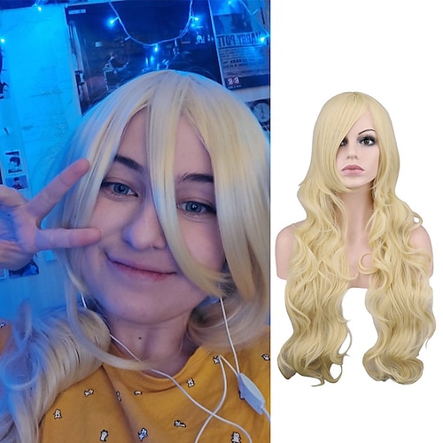 

Synthetic Wig Natural Wave With Bangs Machine Made Wig 26 inch Synthetic Hair Women's Adjustable Color GradientHigh Quality Blonde