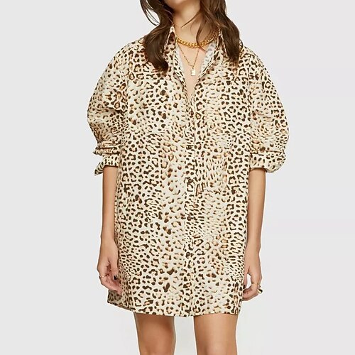 

Women's Tunic Leopard Daily Weekend Tunic Blouse Shirt Long Sleeve Button Print Shirt Collar Casual Streetwear Green Khaki S / 3D Print