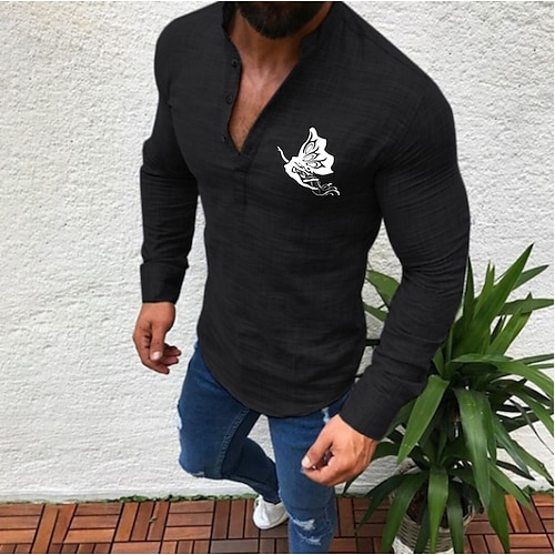 

Men's T shirt Tee Shirt Butterfly Solid Color Round Neck Casual Daily Button-Down Print Long Sleeve Tops Casual Fashion Beach White Black Gray