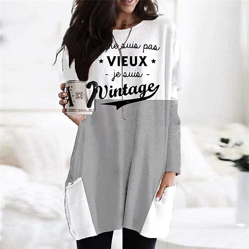 

Women's Shift Dress Short Mini Dress White Long Sleeve Letter Pocket Print Fall Spring Crew Neck Casual Vacation 2022 S M L XL XXL 3XL