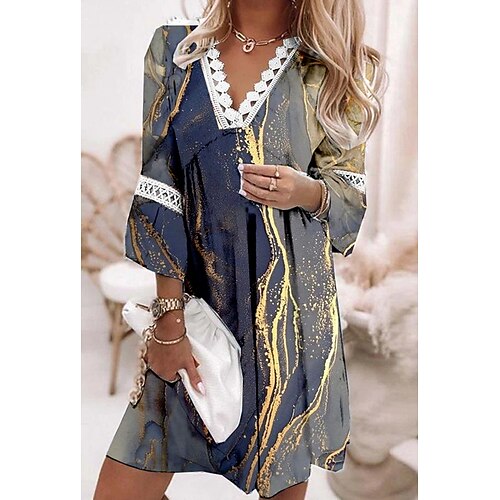 

Women's A Line Dress Short Mini Dress Blue 3/4 Length Sleeve Print Print Spring Summer V Neck Stylish Casual 2022 S M L XL XXL 3XL 4XL