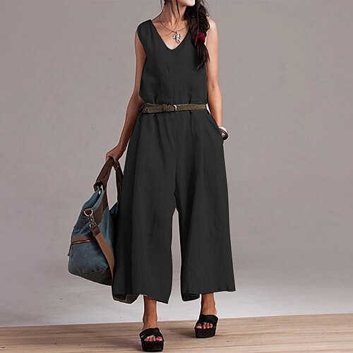 

Women's Jumpsuit Pocket Solid Color V Neck Casual Going out Weekend Regular Fit Sleeveless Black Khaki Light Blue S M L Spring