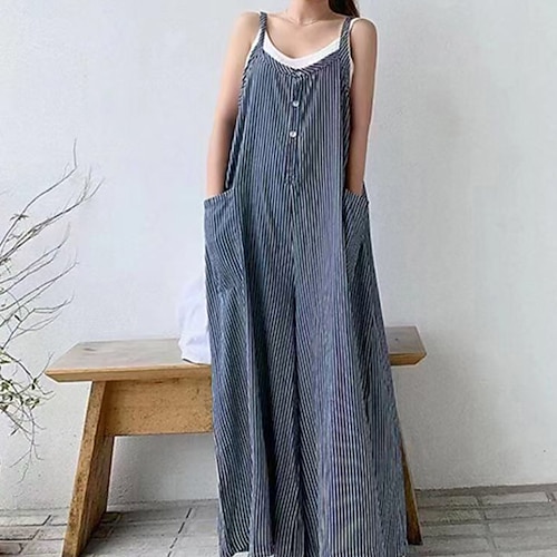 

Women's Overall Backless Pocket Striped Crew Neck Casual Going out Weekend Regular Fit Sleeveless Blue Black M L XL Spring