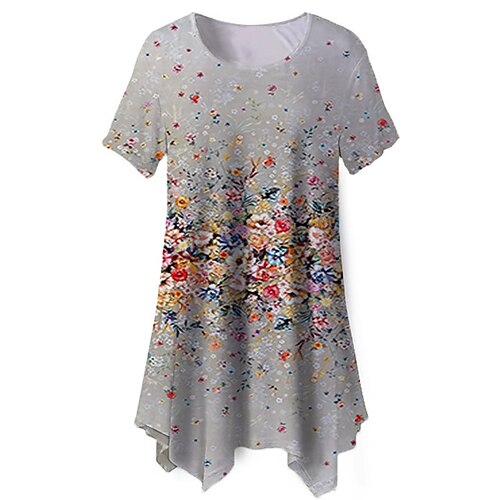 

Women's Plus Size Tops Blouse Shirt Floral Print Short Sleeve Crewneck Streetwear Daily Going out Polyester Spring Summer Black Gray