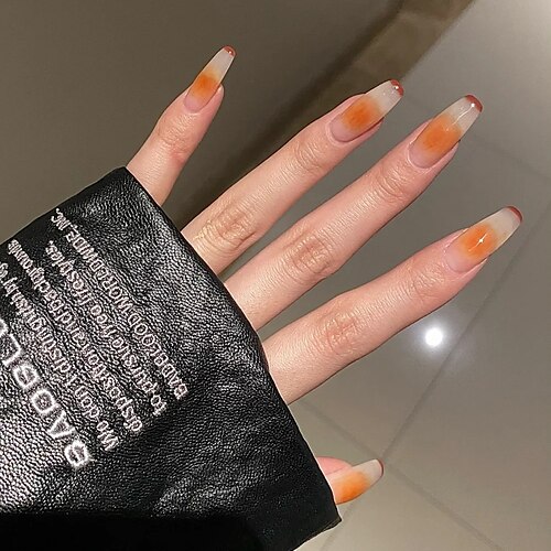 

Removable Manicure Patch Coffin Nails Fashion Ins Nails Simple Orange French Fake Nails