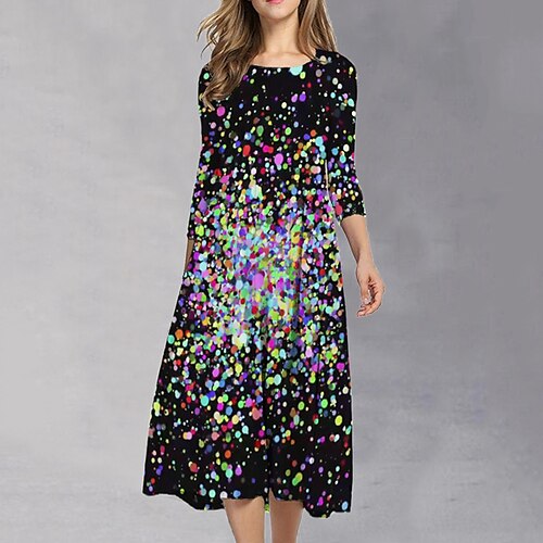 

Women's Shift Dress Midi Dress Black 3/4 Length Sleeve Polka Dot Ruched Print Fall Spring Round Neck Casual Vacation 2022 S M L XL XXL 3XL