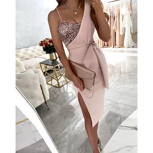

Women's Party Dress Knee Length Dress Green Blue Pink Sleeveless Color Block Sequins Ruched Lace up Spring Summer One Shoulder Party Stylish Elegant Party 2023 S M L XL 2XL 3XL