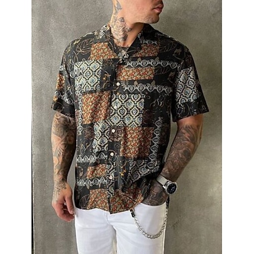 

Men's Shirt Summer Hawaiian Shirt Graphic Shirt Striped Curve Turndown Green Blue Brown Black 3D Print Going out golf shirts Short Sleeve Patchwork Print Clothing Apparel Designer Retro Hip Hop