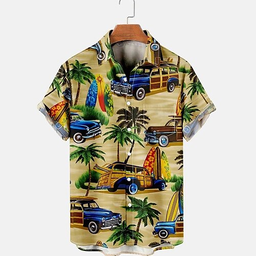 

Men's Shirt Graphic Shirt Aloha Shirt Car Coconut Tree Turndown Yellow 3D Print Street Daily Short Sleeve 3D Button-Down Clothing Apparel Fashion Designer Casual Breathable