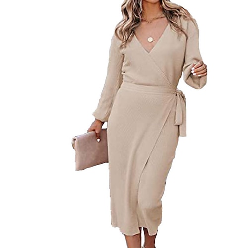 

Women's Sheath Dress Wrap Dress Midi Dress Green Black Khaki Long Sleeve Pure Color Split Winter Fall Autumn V Neck Mature Winter Dress Fall Dress Loose Fit 2022 S M L XL XXL 3XL