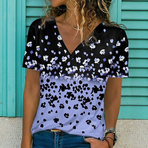 

Women's T shirt Tee Floral Casual Holiday Weekend Floral Painting T shirt Tee Short Sleeve Print V Neck Basic Essential Green White Blue S / 3D Print