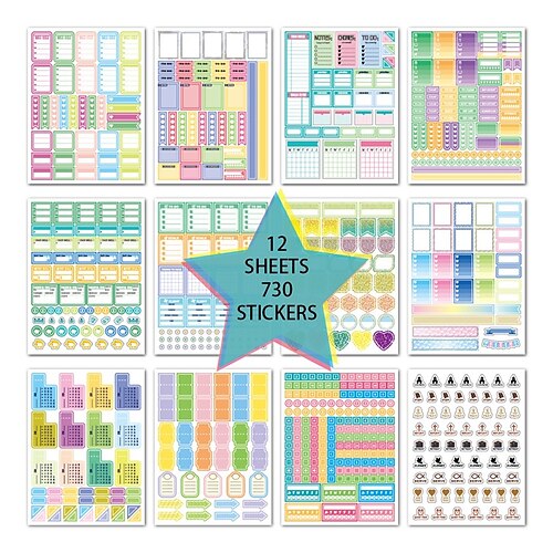 

12 Sheets Word / Phrase Stickers for School Student Notebook Waterproof Self-adhesive Aesthetic for Women Men Girls