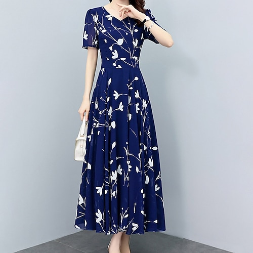 

Women's Casual Dress Floral Dress Midi Dress Dark Blue Short Sleeve Floral Print Spring Summer V Neck Mature Weekend 2022 M L XL XXL 3XL 4XL