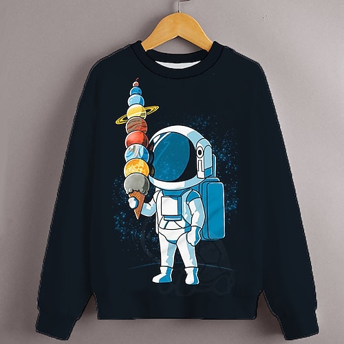 

Børn Drenge Sweatshirt Astronaut udendørs 3D-udskrivning Langærmet Aktiv 3-12 år Efterår Sort