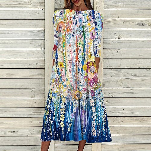 

Women's Shift Dress Midi Dress Green Blue Purple 3/4 Length Sleeve Floral Ruched Print Fall Spring Round Neck Casual Vacation 2022 S M L XL XXL 3XL