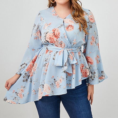 

Women's Plus Size Tops Blouse Shirt Floral Lace up Print Long Sleeve V Neck Streetwear Daily Going out Polyester Fall Spring LightBlue