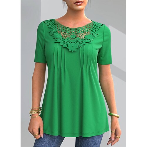 

Women's Blouse Shirt Green Plain Lace Cut Out Short Sleeve Daily Weekend Streetwear Casual Round Neck Regular S