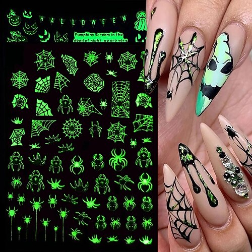 

6 pcs 3D Luminous Nail Stickers Decals Spider Web Halloween Black White Glowing in the Dark Nail Art Sliders Foils Tattoo TRCY046-054