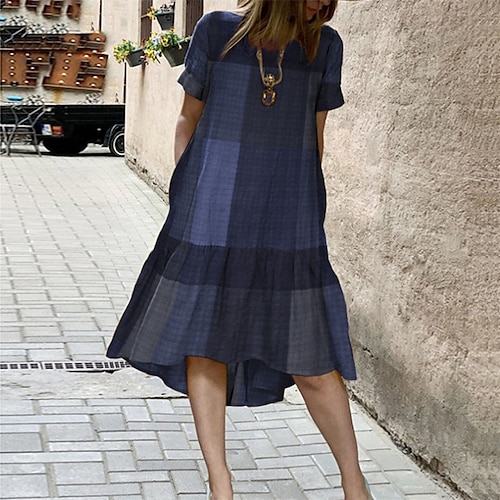 

Women's Plaid Dress Midi Dress Blue Yellow Red Short Sleeve Plaid Ruffle Spring Summer Crew Neck Weekend 2022 S M L XL XXL 3XL 4XL 5XL