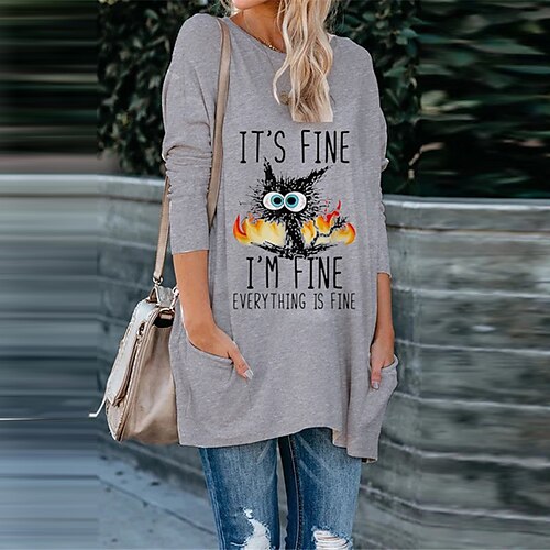 

Women's Shift Dress Short Mini Dress Gray Long Sleeve Cat Letter Animal Pocket Print Fall Spring Crew Neck Casual Vacation 2022 S M L XL XXL 3XL