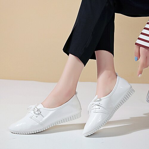 

Women's Oxfords Daily Summer Wedge Heel Closed Toe PU Leather Lace-up Solid Colored Black White