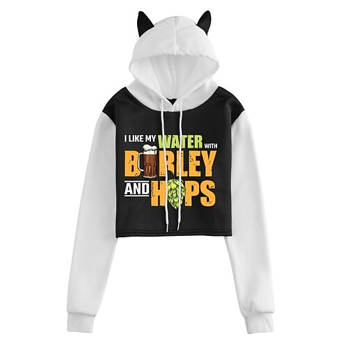 

Women's Cropped Hoodie Text Oktoberfest Beer Beer Cat Ear Print Daily Sports Hot Stamping Active Streetwear Hoodies Sweatshirts Black And White White Black