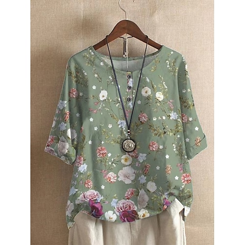 

Women's T shirt Tee Floral Daily Floral T shirt Tee Half Sleeve Print Round Neck Basic Green S / 3D Print