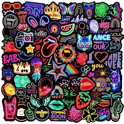 

100Pcs Neon Stickers Decal, Waterproof Vinyl Stickers Pack for Bumper, Laptop, Skateboard, Water Bottle, Luggage, Phone, Graffiti Stickers for Adults