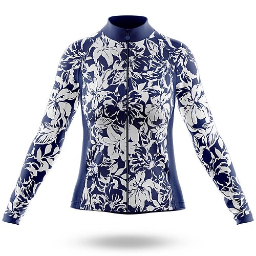 

21Grams Women's Cycling Jersey Long Sleeve Bike Top with 3 Rear Pockets Mountain Bike MTB Road Bike Cycling Breathable Quick Dry Moisture Wicking Dark Blue Floral Botanical Spandex Polyester Sports