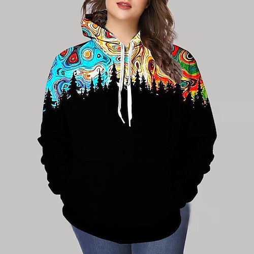 

Women's Plus Size Tops Hoodie Sweatshirt Color Gradient Print Long Sleeve Hooded Streetwear Daily Vacation Polyester Fall Winter Black