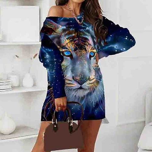 

Women's Shift Dress Short Mini Dress Blue Long Sleeve Animal Fake two piece Print Fall Spring Crew Neck Casual Vacation 2022 S M L XL XXL 3XL