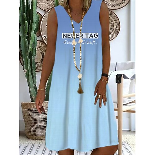 

Women's Shift Dress Short Mini Dress Blue Purple Sleeveless Color Gradient Letter Print Spring Summer V Neck Casual Vacation 2022 S M L XL XXL 3XL