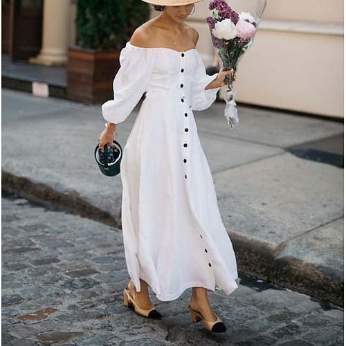 

Women's Sheath Dress Maxi long Dress White Long Sleeve Pure Color Button Fall Summer Off Shoulder Cold Shoulder Elegant 2022 S M L XL