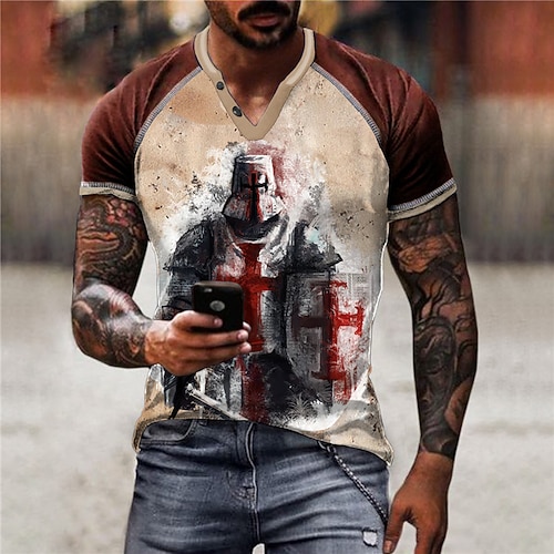 

Men's Unisex T shirt Tee 3D Print Color Block Graphic Prints Soldier V Neck Street Daily Button-Down Print Short Sleeve Tops Designer Casual Fashion Big and Tall Red / Summer / Summer