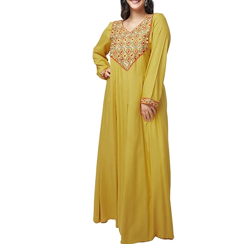 

Women's Casual Dress Shift Dress Kaftan Dress Long Dress Maxi Dress Pink Yellow Beige Long Sleeve Embroidery Embroidered Winter Fall Autumn V Neck Muslim Winter Dress Weekend Fall Dress Loose Fit 2022