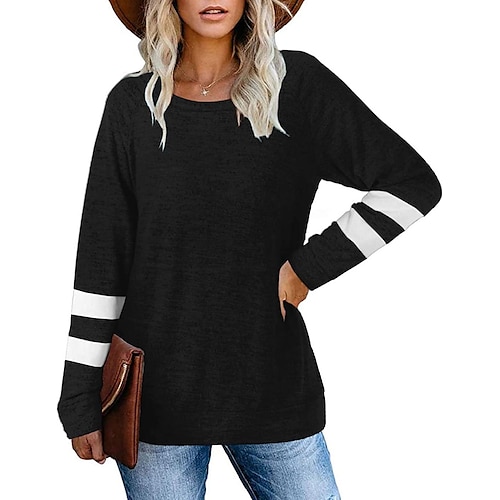 

Women's T shirt Tee Green Blue Pink Striped Long Sleeve Casual Weekend Basic Round Neck Regular S