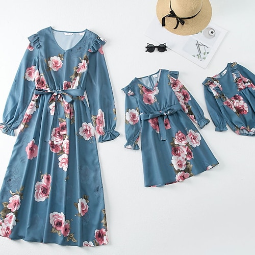 

Mommy and Me Dresses Floral Street Print Blue Long Sleeve Asymmetrical Chiffon Dress Active Matching Outfits