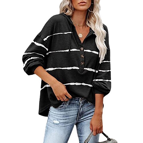 

cross-border foreign trade amazon europe and the united states long-sleeved women's casual striped hooded button pullover loose women's t-shirt