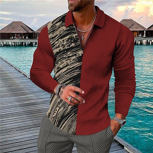 

Men's Collar Polo Shirt Golf Shirt Gradient Turndown Red 3D Print Outdoor Street Long Sleeve Zipper Print Clothing Apparel Fashion Designer Casual Breathable / Summer / Spring / Summer