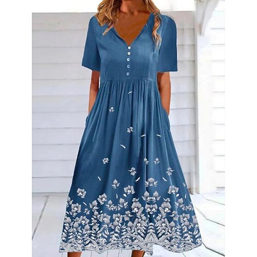 

Women's Casual Dress Midi Dress Blue Short Sleeve Floral Ruched Spring Summer V Neck Modern 2022 M L XL 2XL 3XL
