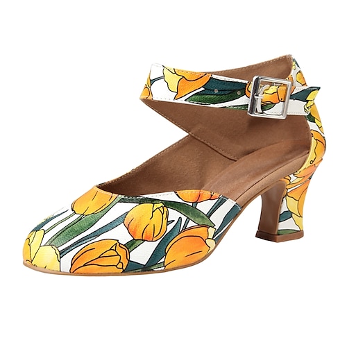 

Women's Ballroom Shoes Modern Shoes Party Wedding Stage Heel Pattern / Print Flower Cuban Heel Round Toe Ankle Strap Black Yellow