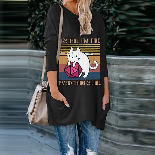 

Women's Shift Dress Short Mini Dress Gray Long Sleeve Cat Letter Animal Pocket Print Fall Spring Crew Neck Casual Vacation 2022 S M L XL XXL 3XL