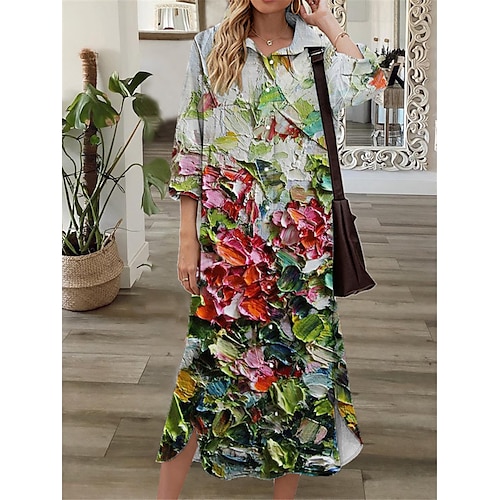 

Women's Shift Dress Midi Dress Green Blue Gray 3/4 Length Sleeve Floral Button Print Fall Spring Shirt Collar Casual Fashion 2022 S M L XL XXL 3XL