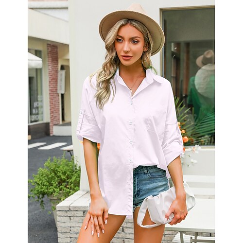 

Women's Blouse Plain Daily Work Weekend Blouse Shirt Long Sleeve Pocket Button Shirt Collar Casual Streetwear Green White Blue S