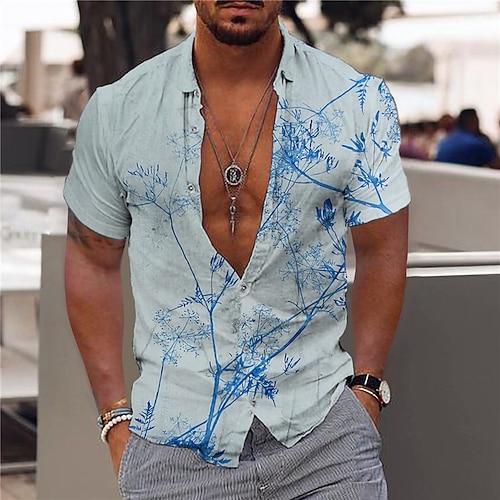 

Men's Shirt Graphic Shirt Floral Turndown Blue 3D Print Outdoor Street Short Sleeves Button-Down Print Clothing Apparel Fashion Designer Casual Breathable / Summer / Spring / Summer