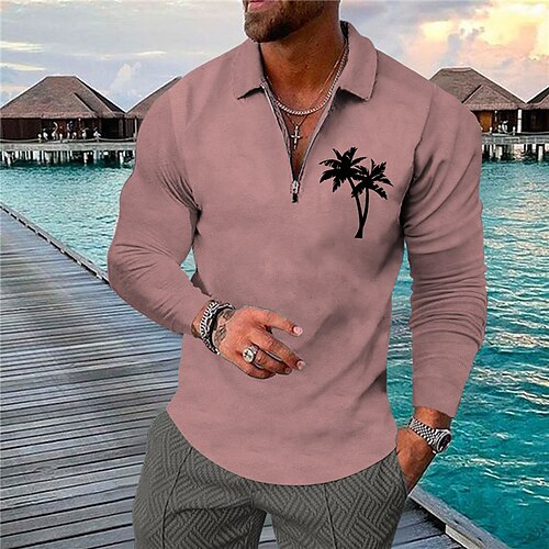 

Men's Collar Polo Shirt Golf Shirt Coconut Tree Turndown Pink 3D Print Outdoor Street Long Sleeve Zipper Print Clothing Apparel Fashion Designer Casual Breathable