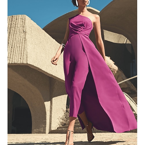 

Jumpsuits Evening Dresses Elegant Dress Formal Floor Length Sleeveless One Shoulder Stretch Fabric with Overskirt 2022 / Cocktail Party