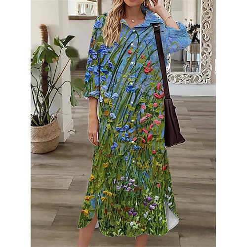 

Women's Shift Dress Midi Dress Green Blue Purple 3/4 Length Sleeve Floral Button Print Fall Spring Shirt Collar Casual Fashion 2022 S M L XL XXL 3XL