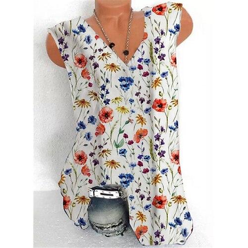 

Women's Plus Size Tops Tank Top Floral Zipper Print Sleeveless V Neck Streetwear Daily Holiday Cotton Spandex Jersey Spring Summer White