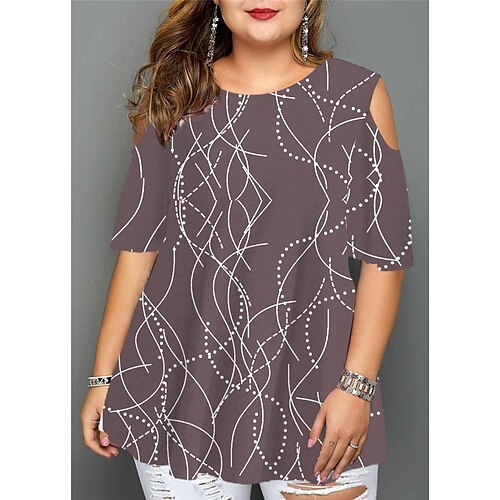 

Women's Plus Size Tops Blouse Shirt Geometry Cut Out Print Half Sleeve Crewneck Streetwear Daily Going out Cotton Spandex Jersey Spring Summer Black Blue